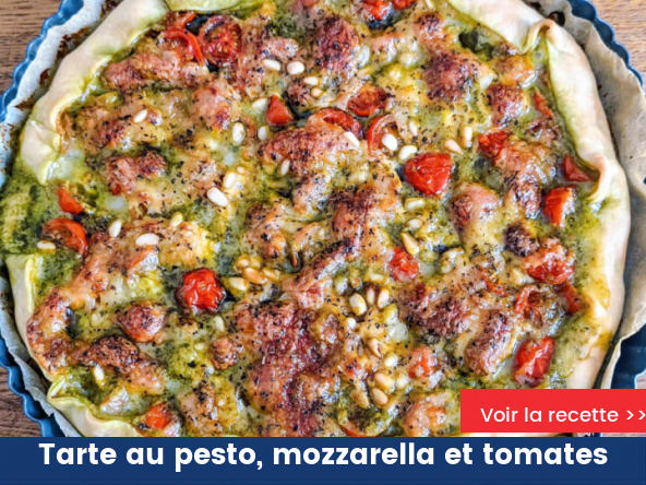 Tarte au pesto, mozzarella et tomates
